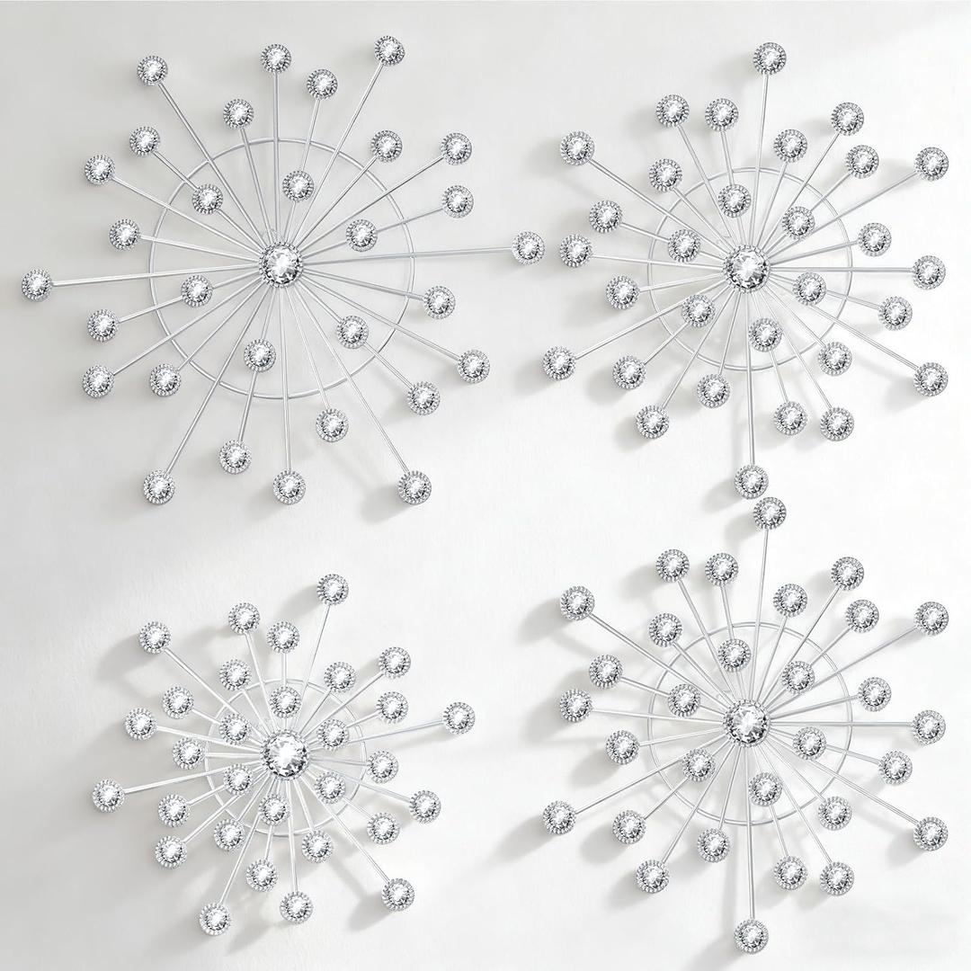 xozeooeu 4 Pcs Silver Starburst Wall Decor, Metal Sunburst Walls Art with Crystal Rhinestones, MultiSize Iron Bling Wall Hanging for Living Room, Bedroom, Entryway