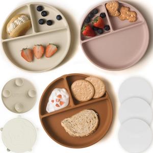 Moonkie Suction Plates for Baby | 100% Silicone BPA-Free Baby Plates with Lids and Food Cover | Divided Design | Microwave and Dishwasher Safe | Toddler Plates 3 Pack (3Pcs-Shifting Sand/Blush/Buck)