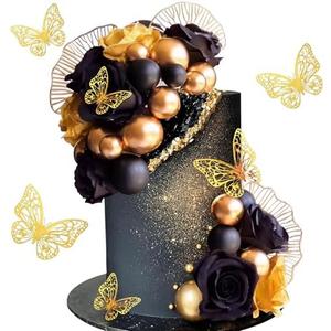 Black Gold Flowers Cake Toppers Butterfly Balls Cake Decorations for Birthday Wedding Baby Shower Boho Theme Party Supplies, Black Gold , 2 Pack