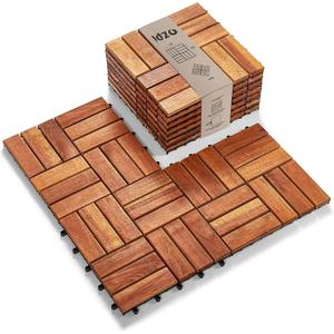 Idzo Interlocking Deck Tiles - 10PCS Waterproof Acacia Wood Patio Tiles, Flooring Tiles for Both Indoor and Outdoor - Decking Checker Pattern, 12 x 12 x 0.9 Inches, Golden Teak (Acacia Wood - Golden Teak - Checker Pattern)