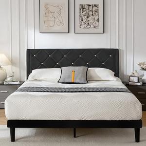 DUMGTIF Queen Size Platform Bed Frame with Velvet Upholstered Headboard and Sturdy Wooden Slats Support,Mattress Foundation，Easy Assembly, No Box Spring Needed,Slip Resistant (Black, Queen)