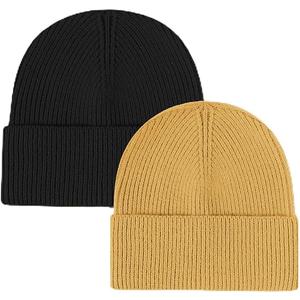 Set Of 2 ZOORON 1&2 Unisex Thick Knitted Beanie for Men Women Cuffed Plain Hat Winter Slouchy Ski Beanies Khaki + Black