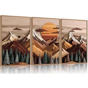KAIRNE Mountain Framed Canvas Wall Art Set, Wooden Mountain Themed Wall Decor, Woodcut Pine Tree Scene Wall Painting, Vintage Forest Landscape Art Prints for Living Room, Bedroom, Office 24"x36"x3