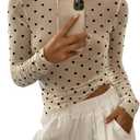 SHENHE Women's Polka Dots Sheer Mesh T Shirt Round Neck Slim Fitted Streetwear Top Beige Small