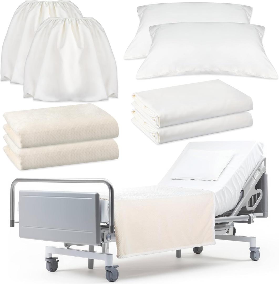 SmoothNovelty 8 Pcs Hospital Bed Sheets Set, Soft Knitted Standard Sheets Quality, Include Fitted Sheet, Quilt Cover, Pillow Case and Blanket (White), Full