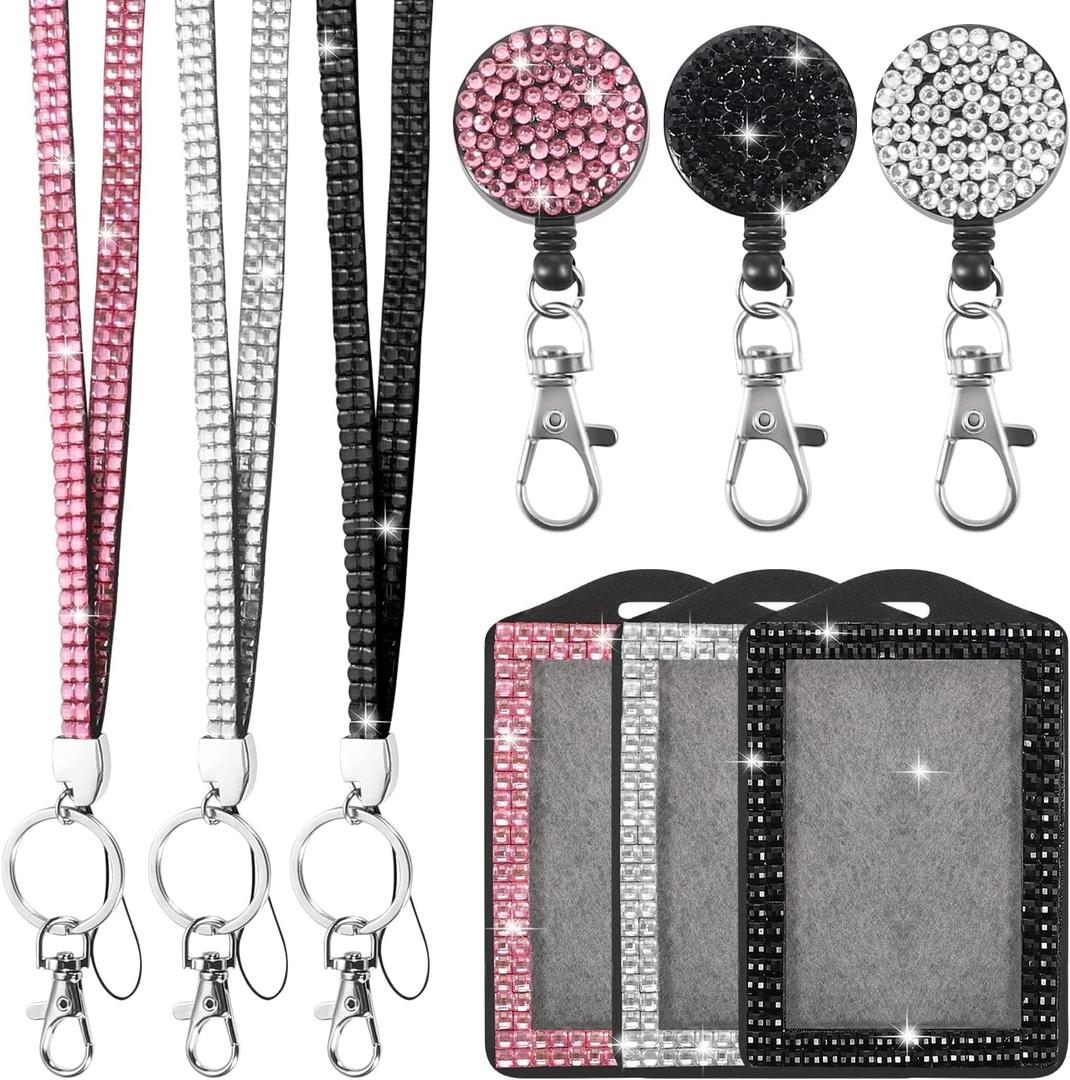 9 in 3 Sets 3 Color Upgraded Rhinestone Lanyard for ID Badges for Women Cute, Bling Mom Lanyards for ID Badges Teacher ID Card Holder Crystal Retractable Badge Reel for Student Kids