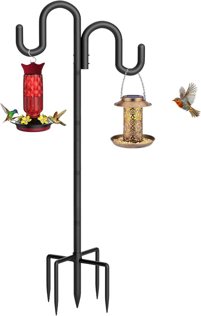 Double Shepherd Hook for Outdoor, 76" Heavy Duty Bird Feeder Pole with 5-Prong Base, Adjustable Thickened Shepherd Hook for Bird Feeder, Flower Baskets, Solar Lights, Lanterns, Black, 1 Pack
