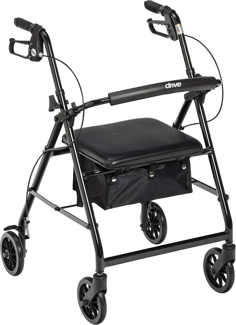 Drive Medical Aluminum Rollator Walker - Fold Up & Removable Back Support - Padded Seat - 6 Inch Wheels - Lightweight Portable Design - Indoor Outdoor Mobility Aid - Black