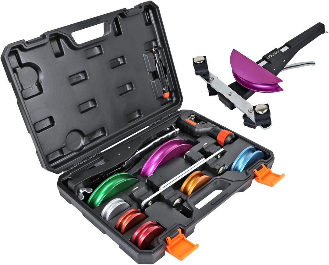 90 Ratcheting Pipe Tube Bender Set: 1/4" to 7/8" O.D. with 7-Color Aluminum Heads  LITE MODEL (No Reverse) with Tube Cutter & Deburring for HVAC, Air Conditioning and Hydraulic Applications