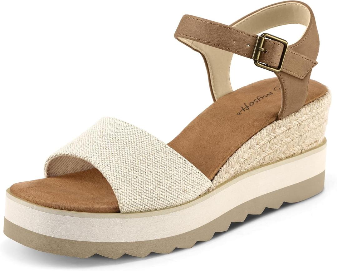 mysoft Womens Espadrille Wedge Sandals EVA Sole Platform Sandal Open Toe Ankle Strap Buckle Shoes (11, Natural/Light Brown)