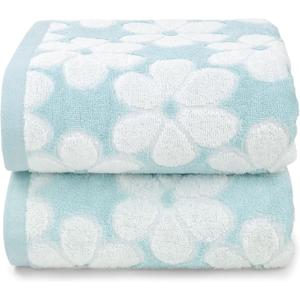 Cotton Towels for Bathroom Decor with Floral Jacquard, Super Soft and Absorbent Bath Towel Set of 2, Large Size 27.5x55 Inches (Aqua Blue)
