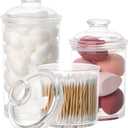 Lyellfe Set of 3 Acrylic Apothecary Jars, Vanity Organizer Canister with Airtight Lids, Bathroom Qtip Holder, Clear Storage Jar for Candy, Bath Salt, Cotton Ball, Cotton Swab, 34 oz, 25 oz, 17 oz
