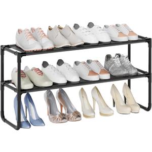 Long Shoe Rack, 2-Tier Stackable Shoe Organizer for Closet, Entryway, Hallway, Extra Bottom Layer, Holds 12-15 Pairs, Sturdy & Durable Waterproof Fabric Shelf, Space-Saving,Black