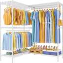 ULIFHOME E15 Pro Garment Rack L Shaped Clothes Rack for CornerFreestanding Clothing Racks for Hanging ClothesHeavy Duty Closet System with 4 Hanging Rods & 8 S Hooks48.8"W x 15.8"D x 78.4"HWhite