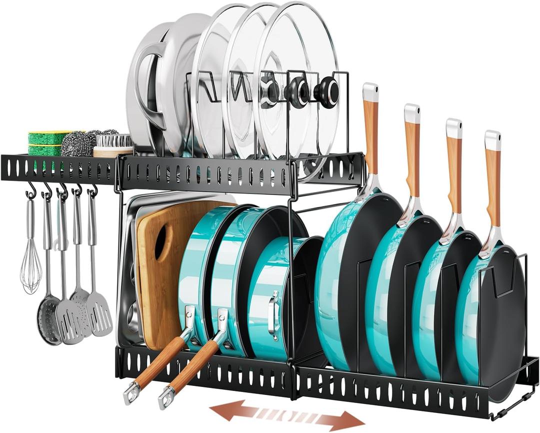 Expandable Pots and Pans Organizer Under Cabinet, Adjustable Divider Pot Lid Holder for Kitchen Organization and Storage, Pan Lid Rack Organizer Inside Cabinet for Cookware, Bakeware