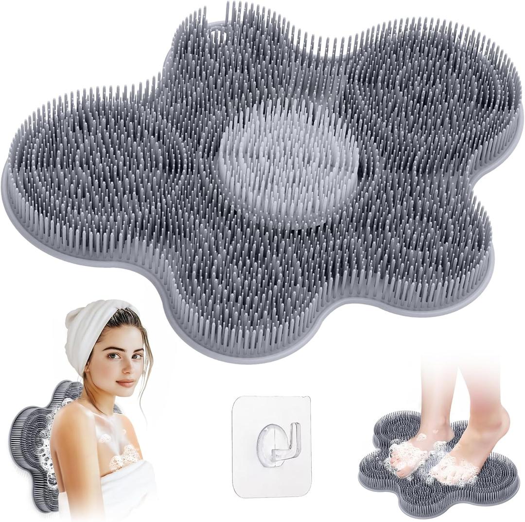 New Silicone Shower Foot Scrubber Mat, Large Wall-Mounted Back Scrubber Back Washer with Long Bristles & Powerful Suction Cups, Easy to Clean Exfoliate and Massage Without Bending(Gray)