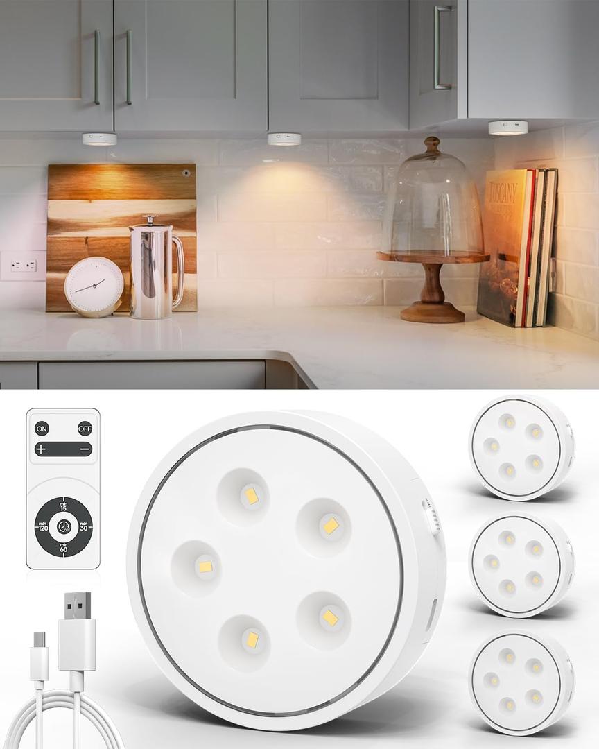 Puck Lights with Remote Control,Under Cabinet Lighting Magnetic,LED Closet Lights Rechargeable,Dimming Tap Light, Stick on Lights, for Closet, Bedroom Wall, Under Cabinet(Warm Color)4 Pack