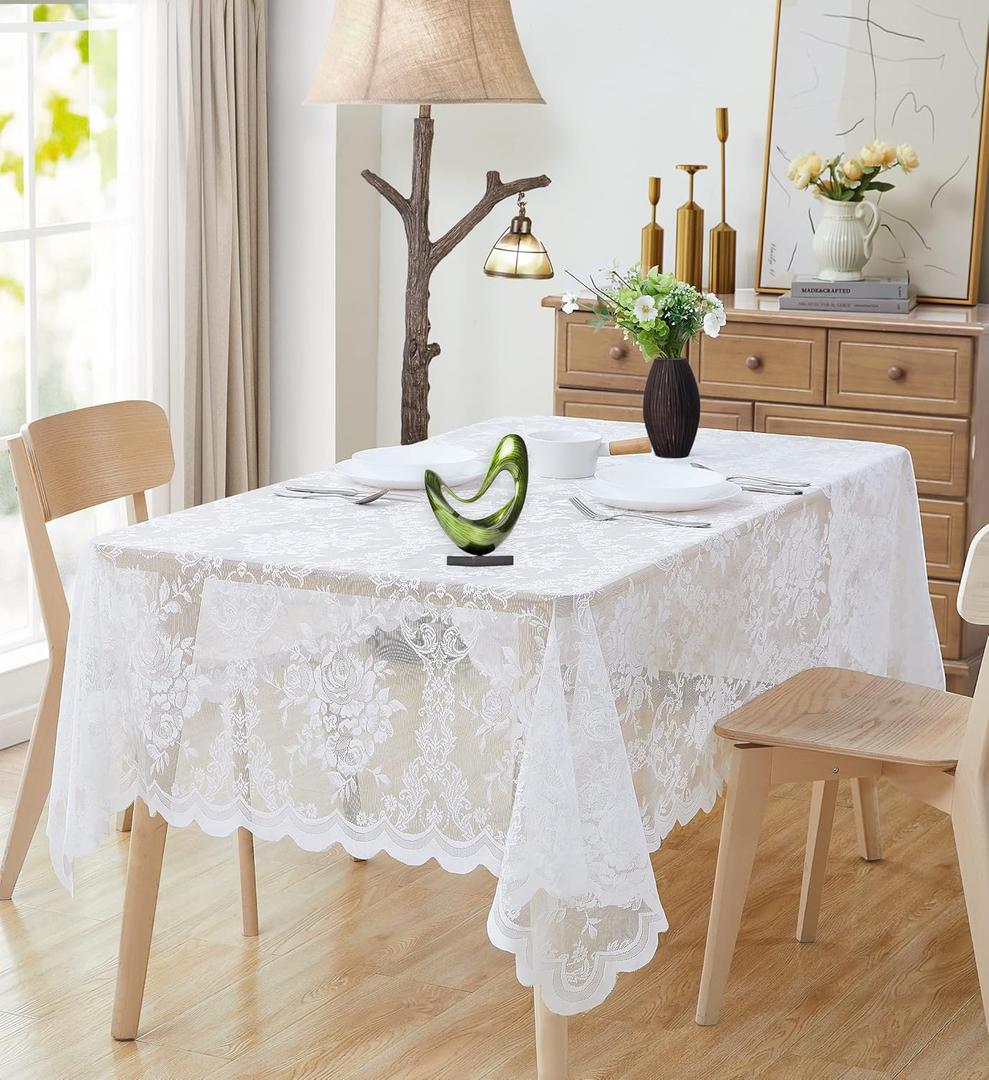 60 x 84 Inch White Rectangle Lace Tablecloth. Classic Elegant Floral Pattern is Ideal Choice for Any Luxury Dining Room, Birthday, Wedding or Holiday Celebration. LUT White 84"
