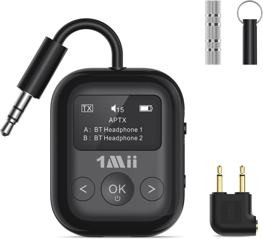 1Mii Safefly Min+ Bluetooth Transmitter and Receiver for Airplane/TV to 2 Bluetooth Headphones, 3.5mm Aux Wireless Audio Adapter with Screen for AirPods, Flight, Gym, Car/Home Stereo, Travel (Black)