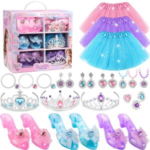 Princess Dress Up Toys, Jewelry Boutique Kit, 3 Color Skirts, Shoes, Crowns, Girls Toys for 3 4 5 6 Year Old