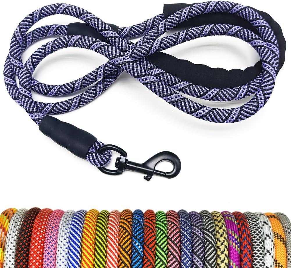 MayPaw Heavy Duty Rope Dog Leash, 3/4/5/6/7/8/10/12/15 FT Nylon Pet Leash, Soft Padded Handle Thick Lead Leashes for Large Medium Dogs (Purple Black, 1/2" * 8')