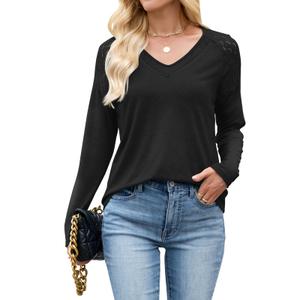 Women's V Neck Tops Long Sleeve Lace Shirts Casual Fitted Tee Shirt Solid Color Fall Basic Clothes Black (Black, XL)