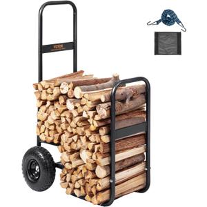 VEVOR Log Cart 250 lbs Load Capacity, Outdoor and Indoor Wood Rack Storage Mover with Pneumatic Rubber Wheels, Heavy Duty Steel Dolly Hauler, Firewood Carrier for Fireplace, Fire Pit, Black