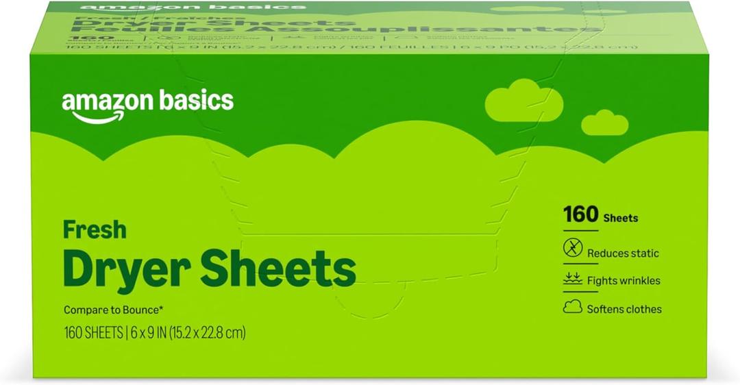 Amazon Basics Dryer Sheets, Fresh, Laundry Fabric Softener, 160 Count