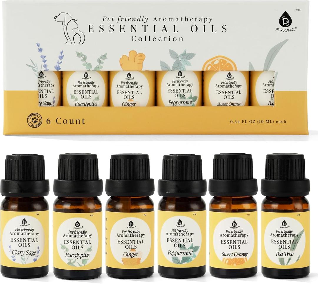 Pursonic Pet-Friendly Aromatherapy Oil Blends, 6-Piece Set with Eucalyptus, Sweet Orange, Peppermint, Clary Sage, Tea Tree, Ginger - Vet-Approved, Pet-Safe Aromatherapy, 10 ML
