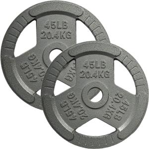 Yes4All Tri-Grip Handles Cast Iron Olympic Weight Plates, 2-Inch Weight Plates for Weight Lifting with Smooth and Durable Finish, Suitable for Strength Training Exercises (Single, Pair and Set) (J. 45LB (Pair - Gray))