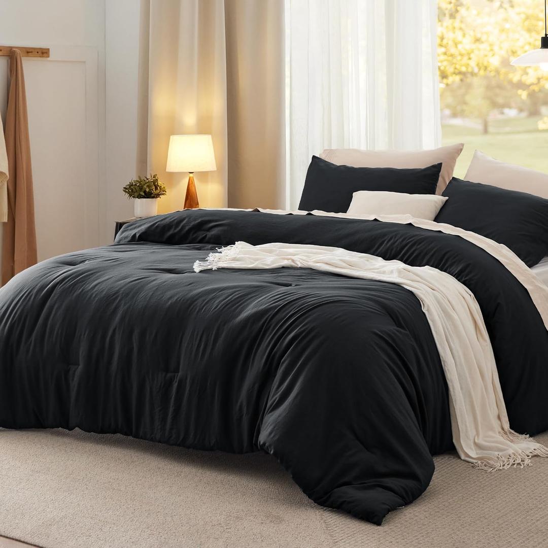 Bedsure Oversized Queen Comforter Set, Black Soft Prewashed Bedding for All Seasons, 3 Pieces GentleSoft Bed Set, 1 Lightweight Comforter (98"x98") and 2 Pillowcases (20"x26")