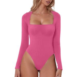 QINSEN Women's Sexy Square Neck Bodysuit Long Sleeve Double Lined Shirt Tops (Large, Magenta)
