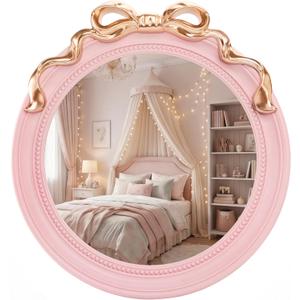 Bow Mirror - Pink Round Bow Mirror for Nursery, Vintage Circle Coquette Room Decor Furniture, Antique Coquette Wall Decor Accent for Girls Room Entryway Bedroom Bathroom