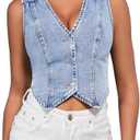 SHENHE Women's Denim Vest Button Down Sleeveless Jean Vest Top Y2K Cropped Denim Top Cowgirl Western Outfits L