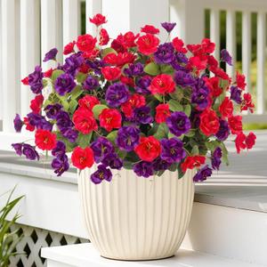 Artificial Flowers for Outdoors, 6 Bundles Silk Fake Hibiscus Flowers for Spring Summer Decoration, UV Resistant Fake Plants Plastic Bouquet for Home Planter Porch Patio Yard Decor(Red Purple)