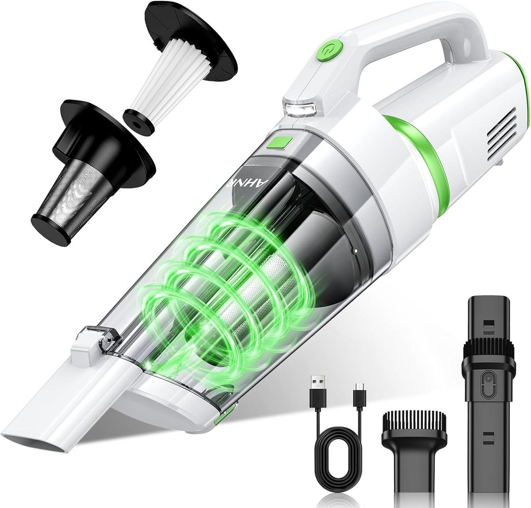 AHNR Handheld Vacuum Cordless, 16000PA Powerful Suction Hand Held Vacuum Dust Busters Cordless Rechargeable with LED Light & 2 HEPA Filters, Portable Car Vacuum Cleaner High Power for Car Home Office (White & Green)