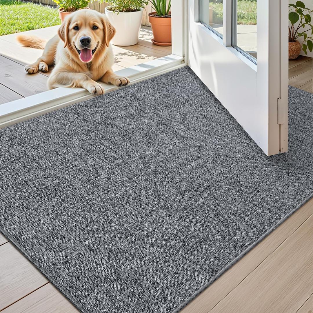 Color&Geometry Ultra Thin Indoor Door Mat (Rolled-up NO Creases) 32"x48", Non Slip Rubber Backed Dirt Trapper Door Mat Indoor Entrance, Low Profile Entryway Mat, Easy Clean, Dark Grey Linen