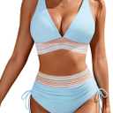 Blooming Jelly Womens High Waisted Bikini Sets Color Block Tummy Control Swimsuits Drawstring Two Piece Bathing Suit (X-Large, Blue)