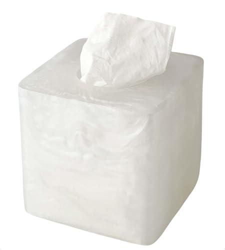 Elegant Smooth Shell Finish Square Resin Facial Tissue Box Cover Holder, Handcrafted Cube Tissue Box Covers with Open Bottom for Bathroom Livingroom Kitchen Office Modern Home Decor Gifts