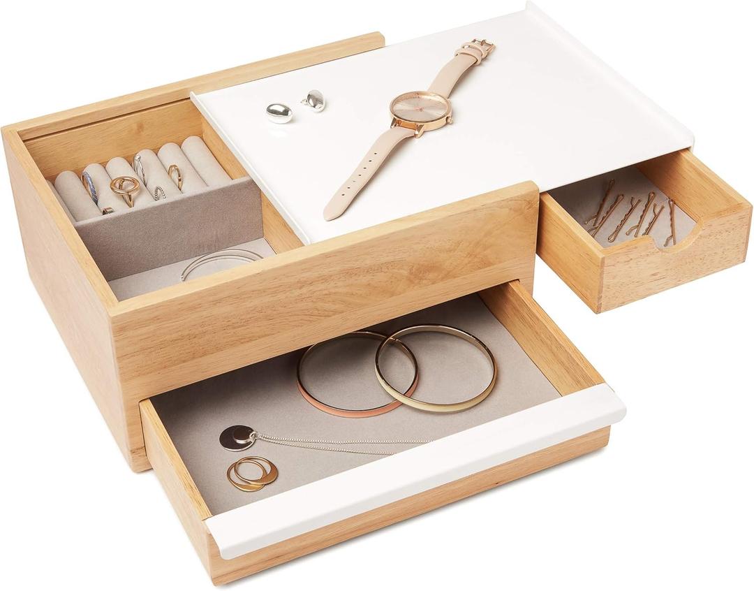 Umbra Stowit Jewelry Box - Modern Keepsake Storage Organizer with Hidden Compartment Drawers for Ring, Bracelet, Watch, Necklace, Earrings, and Accessories (Medium, White/Natural)