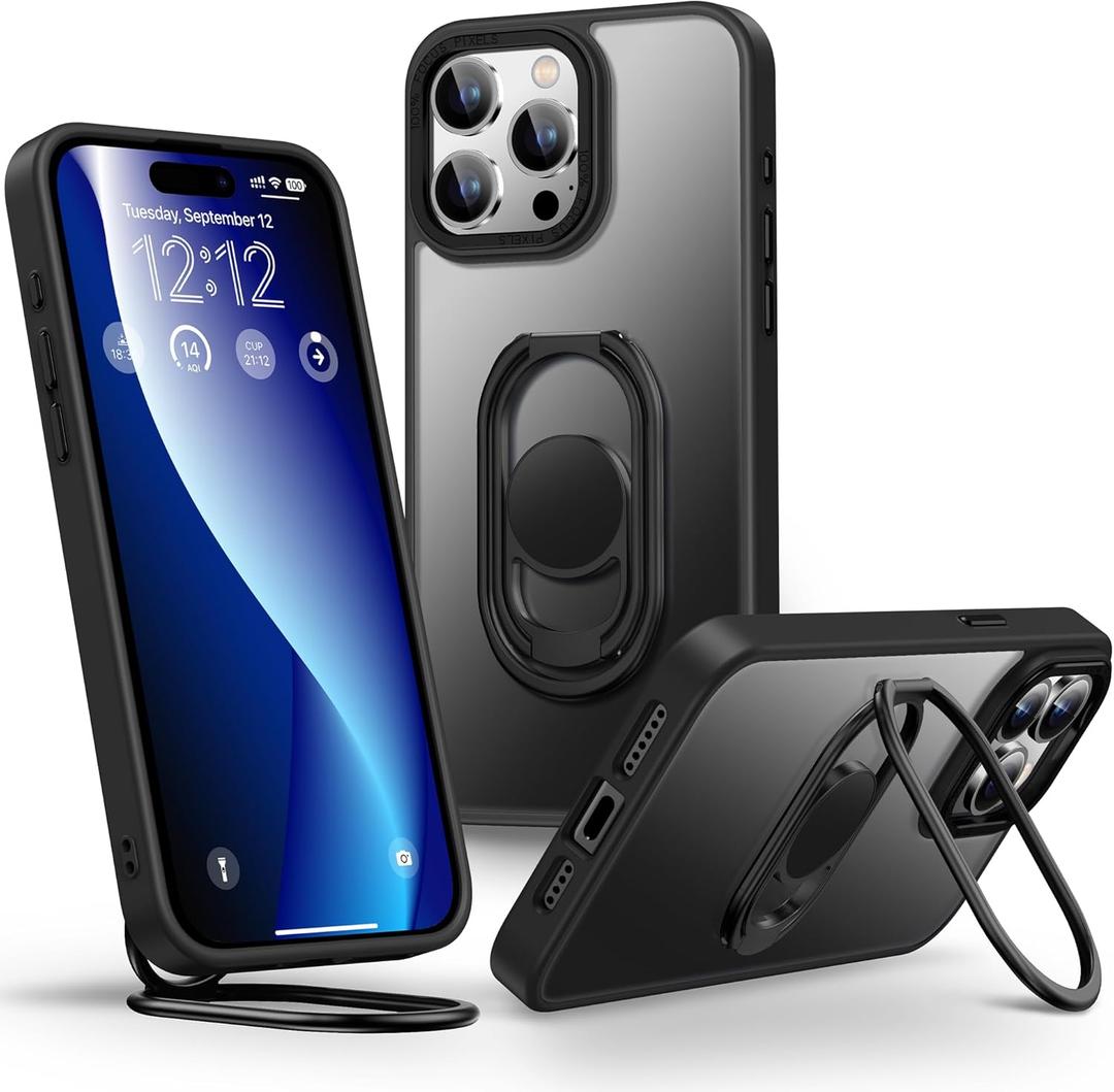 Shields Up for iPhone 14 Pro Max Case with Stand, Phone Case with Double Ring Holder [Adjustable & Foldable] Protective Translucent Matte Cover for iPhone 14 Pro Max 6.7 inch - Frosted Black