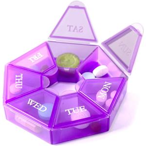 Deke Home - Small Weekly Pill Organizer, Round Pill Dispenser for Travel, Mini Pill Organizer, Compact Medicine Holder, Pill Sorters 7 Days, Portable Vitamin Container, BPA Free (Food Grade) (Purple)