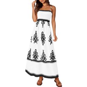 PRETTYGARDEN Summer Dress for Women 2025 Floral Sundress Spaghetti Strap Flowy Beach Vacation Boho Maxi Dresses (Large, White Black Floral)