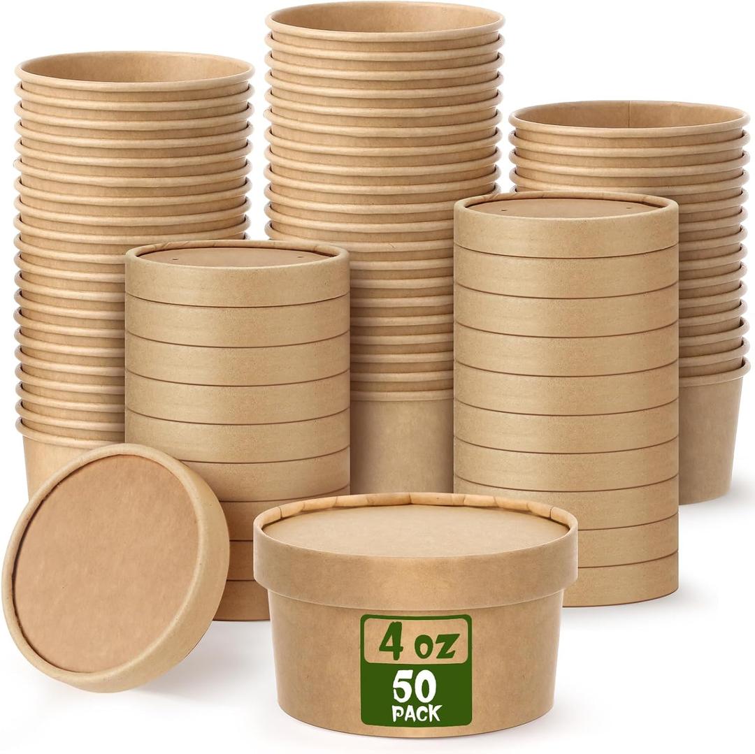 Fulmoon 50 Pack 4 oz Paper Soup Containers with Lids, Disposable Kraft Paper Soup Cups Ice Cream Bowls Food Storage with Lids, Microwavable and Freezer(Brown)