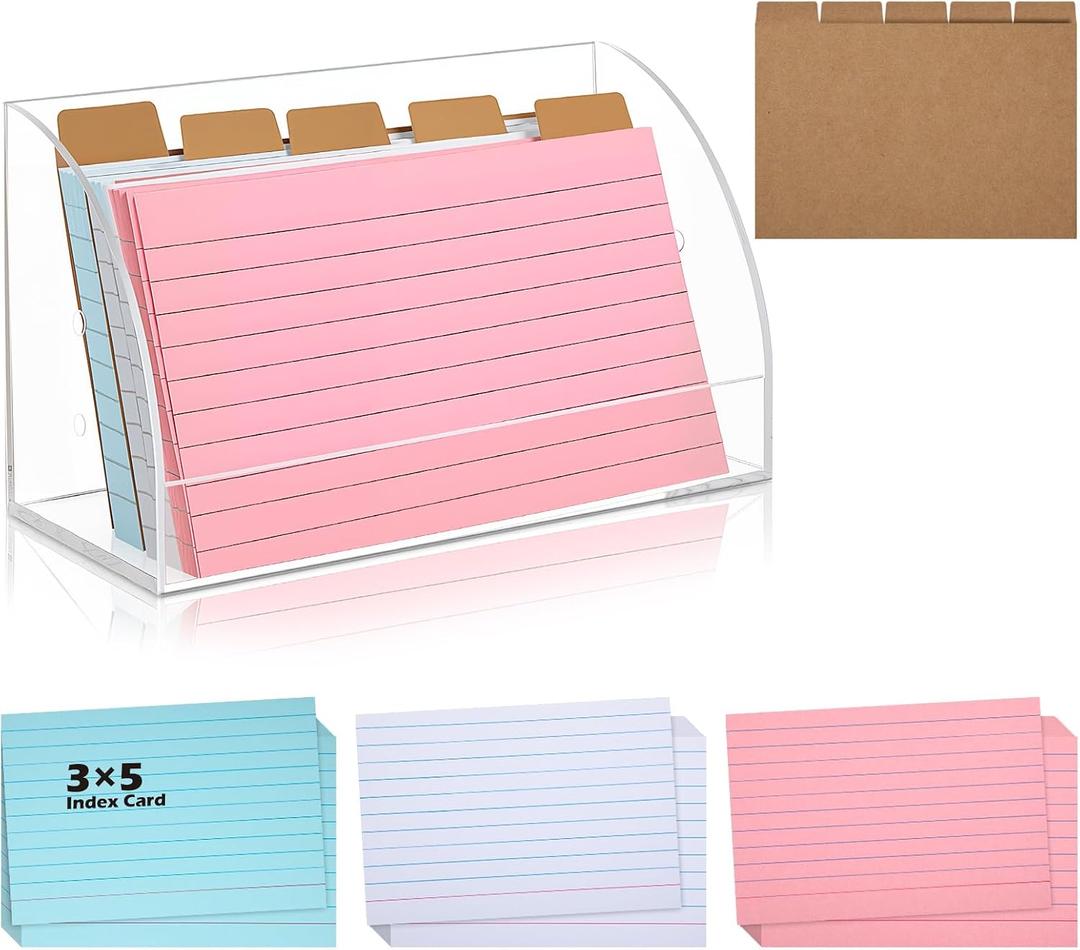 Affrolling 3 x 5 Inch Acrylic Index Card Box with 100 Pcs Color Index Cards and 5 Pcs Kraft Divider Clear Flash Card Display Holder for Office Business Desktop Recipe Notecard Storage Box Study Work