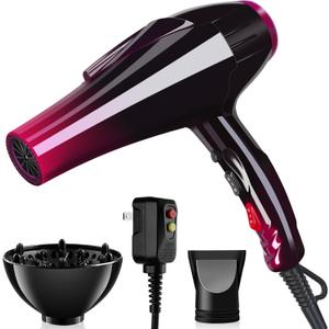 Ionic Hair Dryer with 3500W Motor, 3 Heat/2 Speed Settings, 2 Nozzles, 1 Diffuser for Professional Home Salon Use - Purple