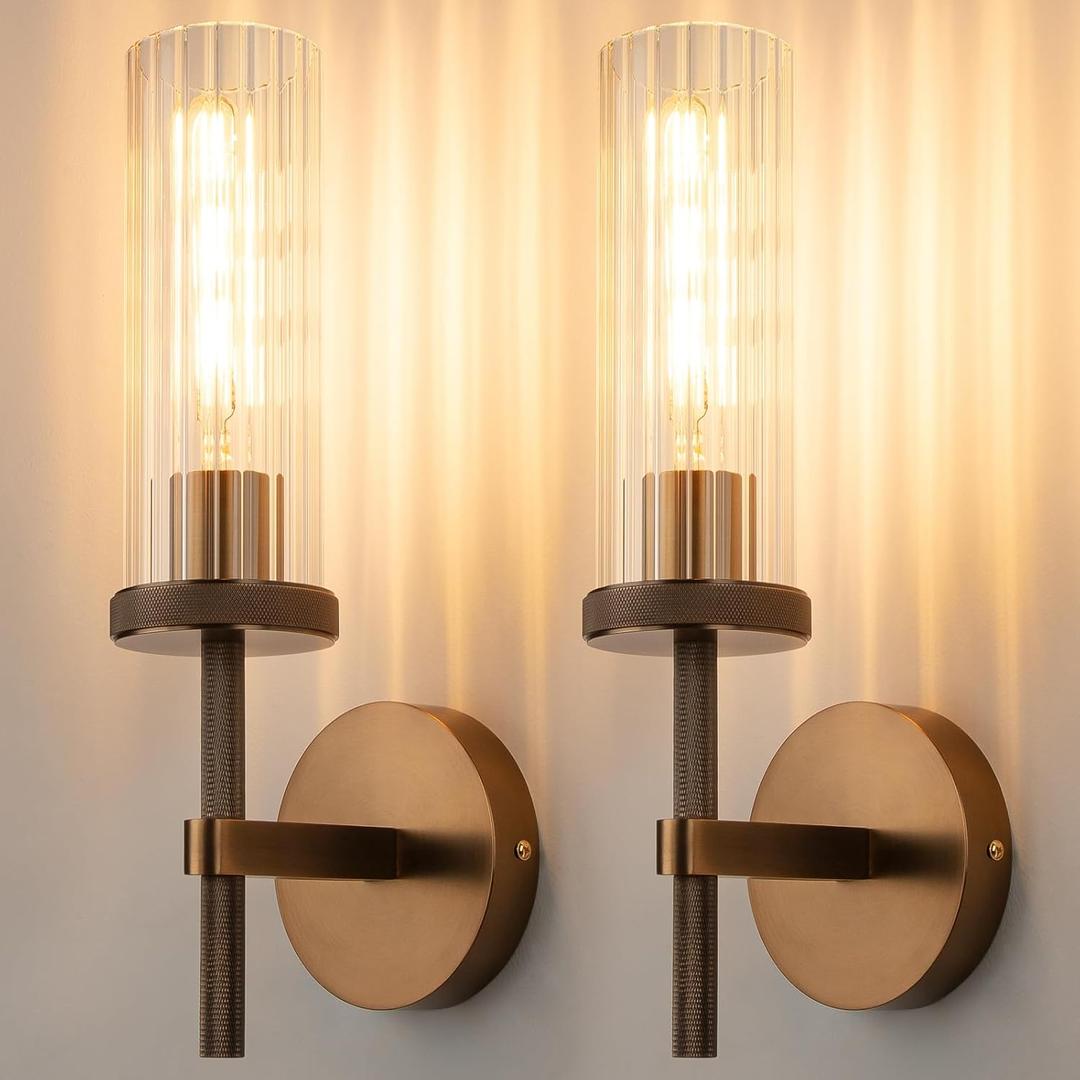 15" Knurled Bronze Hardwired Wall Sconces Set of 2, Bathroom Vanity Light Fixtures with Vertical Striped Glass Tube, Modern Lamp Lighting for Bedroom, Living Room, Hallway, Staircase, Mirror, Kitchen