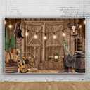 Western Cowboy Backdrop Rustic Barn Door Backdrop Cactus Guitar Wooden Wheels Haystack Backdrop for Theme Birthday Party Decorations Banner Photography Background Studio Props 10x10ft