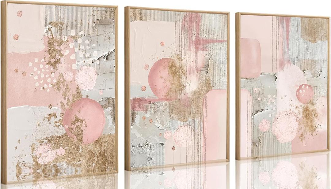 3Pcs Pink and Gold Canvas Wall Art Abstract Posters Print Geometric Pictures Decor for Living Room Bedroom Bathroom Home Decoration UnFramed (16x24)