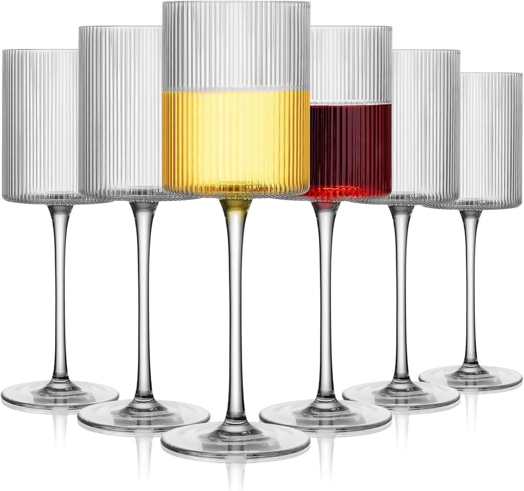 Ribbed Square Wine Glasses Set of 6, Vintage 13Oz White Red Wine Glass, Hand Blown Crystal Wine Glasses - Gifts for Women, Men, Wedding, Anniversary, Christmas, Birthday (Transparent)